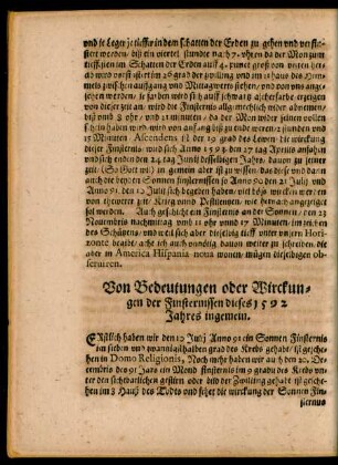 Von Bedeutungen oder Wirckungen der Finsternissen dieses 1592 Jahres ingemein.
