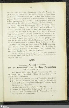 Auszug aus der Niederschrift über die Haupt-Versammlung am 29. August 1907