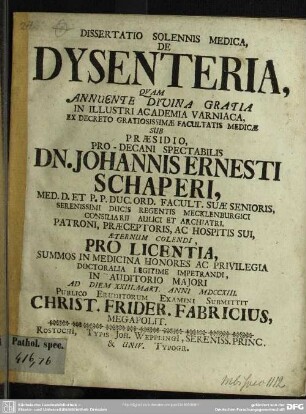 Dissertatio Solennis Medica, De Dysenteria