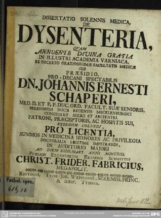 Dissertatio Solennis Medica, De Dysenteria