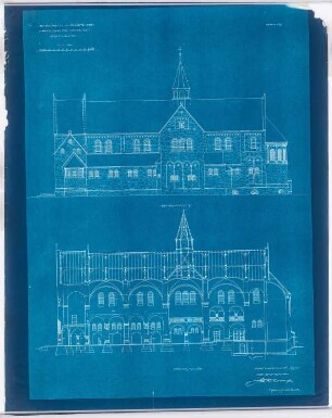 Franziskanerkloster und Heilig Kreuz, Essen: Seitenansicht und Längsschnitt 1:100 (7. Entwurf)