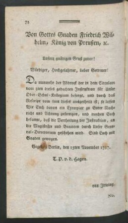 Von Gottes Gnade Friedrich Wilhelm, König von Preußen, [et]c.