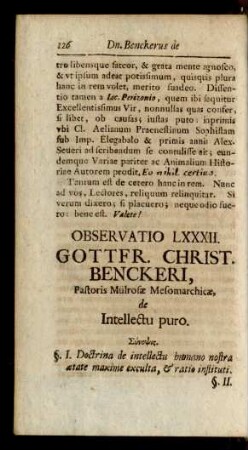 Observatio LXXXII. Gottfr. Christ. Benckeri, Pastoris Mülrosae Mesomarchicae, de Intellectu puro