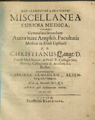 Miscellanea Curiosa Medica, Eorumque Gymnasma secundum