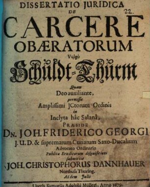 Dissertatio Juridica De Carcere Obæratorum Vulgò Schuldt-Thurm