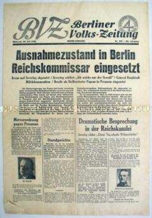 Titelblatt der "Berliner Volks-Zeitung" zum Staatsstreich in Preußen