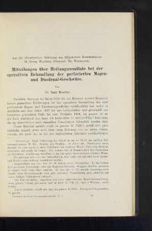 Mitteilungen über Heilungsresultate bei der operativen Behandlung der perforierten Magen- und Duodenal-Geschwüre.