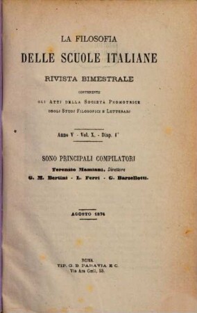 La filosofia delle scuole italiane : rivista bimestrale. 1874, Vol. 10 = Anno 5
