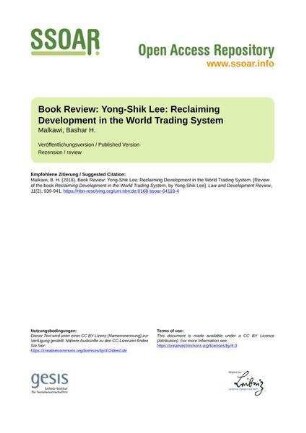 Book Review: Yong-Shik Lee: Reclaiming Development in the World Trading System