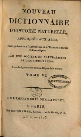 Nouveau dictionnaire d'histoire naturelle, appliquée aux arts, principalement à l'agriculture et à l'économie rurale et domestique : avec des figures tirées des trois règnes de la nature, 6. Coc - Cub
