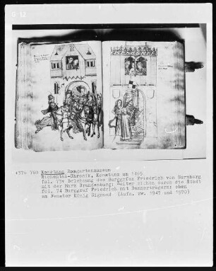 Chronik des Konstanzer Konzils — Burggraf Friedrich mit Bannerträgern, im Fenster König Sigmund, Folio 74recto