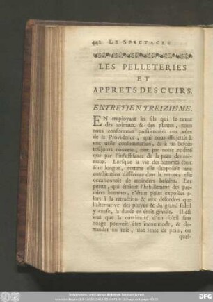 Les Pelleteries Et Apprets Des Cuirs. Entretien Treiziéme.