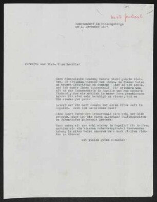 Brief von Gerhart Hauptmann an Lilly Bechtle