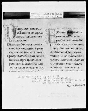 Lateinischer Psalter in Unzialschrift, 3 Bände — Initiale D(eus in nomine), Folio 33recto