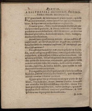 Quæstio, A Balthasare Meisnero, Promotoris Filio, Proposita.