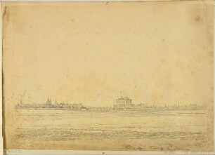 Stadtansicht von Dresden über Felder im Osten (mit dem Kreuzschlösschen an der Pillnitzer Straße)