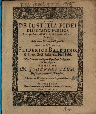 De Iustitia Fidei, Disputatio Publica