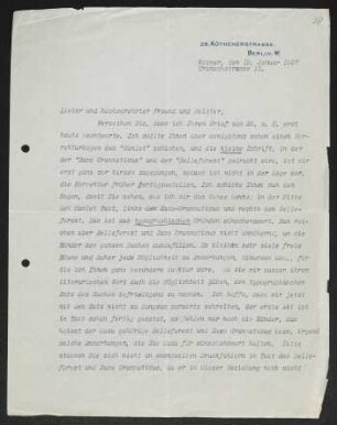 Brief von Harry Kessler an Gerhart Hauptmann