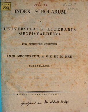 Index scholarum in Universitate Litteraria Gryphiswaldensi ... habendarum, SS 1824