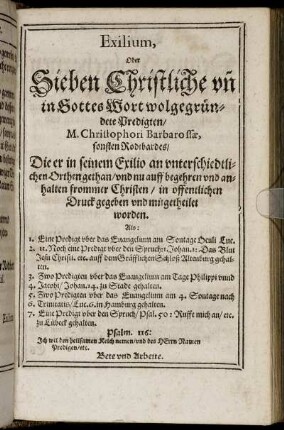 Exilium, Oder Sieben Christliche un in Gottes Wort wolgegründete Predigten