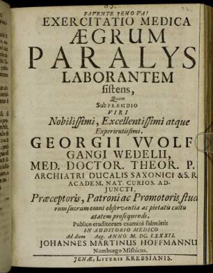 Exercitatio Medica Aegrum Paralysi Laborantem sistens