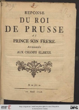 Reponse Du Roi De Prusse Au Prince Son Frère : Adressée Aux Champs Elisées