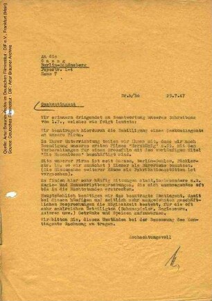 Brief von CCC an Gasag Berlin-Schöneberg, 29.07.1947