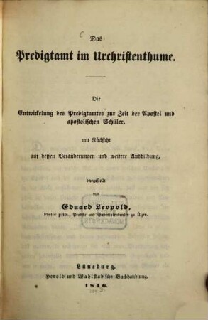 Das Predigtamt im Urchristenthum