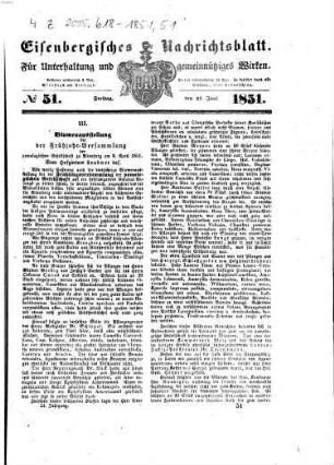 Eisenbergisches Nachrichtsblatt : für Unterhaltung und gemeinnütziges Wirken. 1851, No. 51 = 27. Juni 1851