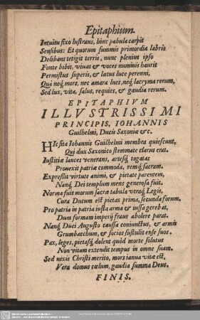 Epitaphium Illustrissimi Principis, Johannis Guilhelmi, Ducis, Saxoniae [et]c