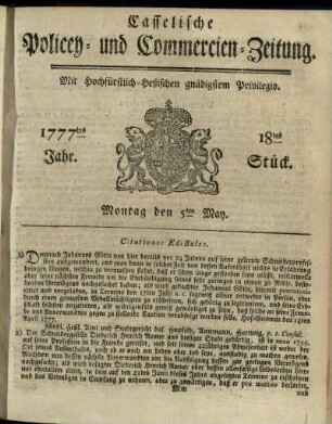 18tes Stueck, Montag den 5ten May 1777