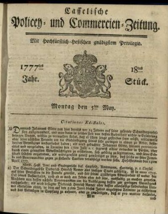18tes Stueck, Montag den 5ten May 1777
