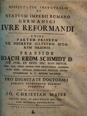 Diss. inaug. de statuum Imperii Romano Germanici iure reformandi : Pars prior