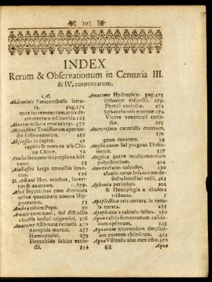 Index Rerum & Observationum in Centuria III. & IV. contentarum.