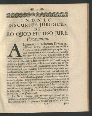 Discursus Juridicus De Eo Quod Fit Ipso Jure. Prooemium.