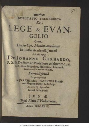 Disputatio Theologica De Lege & Evangelio