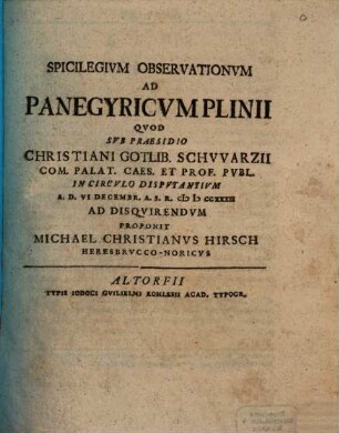 Spicilegivm Observationvm Ad Panegyricvm Plinii