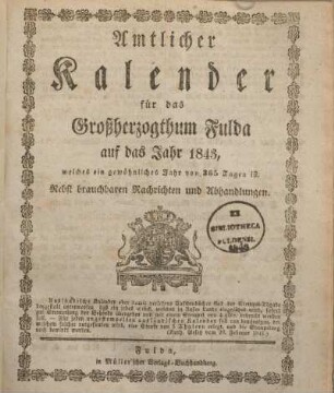 1843: Amtlicher Kalender für das Großherzogthum Fulda