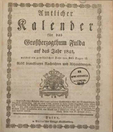 1843: Amtlicher Kalender für das Großherzogthum Fulda