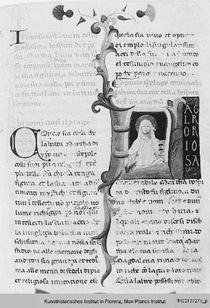 Buchseite mit Text und historisierter Initiale L, darin die Heilige Martha - Leggendario di Santi e Sante