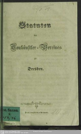 Statuten des Tonkünstler-Vereines zu Dresden