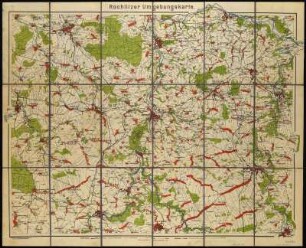 Umgebungskarte von Rochlitz, 1:50 000, Lithographie, 1914 : Rochlitzer Umgebungskarte / Lith. u. Dr. v. Ed. Gaeblers Geograph. Inst.. - 1: 50 000. - Rochlitz : Leichsenring , [1914]. - 1 Kt. : mehrfarb. ; 75 x 59 cm