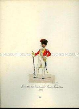 Uniformdarstellung, Bataillonstambour des Leib-Garde-Bataillons. Aus: Sammelmappe "Sachsens Militär", Königliche Arsenalsammlung.