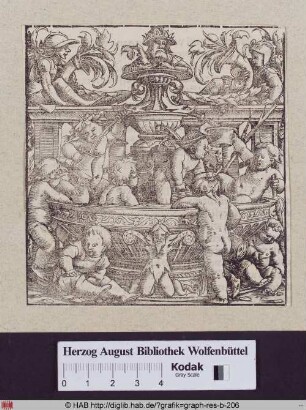 Weinbrunnen mit Groteskenverzierungen und trunkenen Putti.