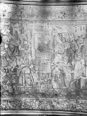 Atrechtscher Wandteppich, Detail Tafel 3: Sankt Piatus predigt in Tournai vor Hirenäus