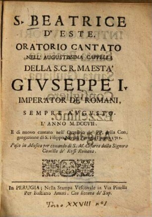 S[anta] Beatrice d'Este : Oratorio