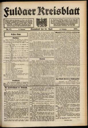 Erste Ausgabe vom Samstag, den 29. April 1911.
