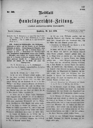 Beiblatt zur hamburgischen Handelsgerichts-Zeitung No. 30. Neunter Jahrgang. Hamburg, 29. Juli 1876.