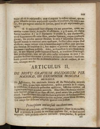 Articulus II. De Motu Gravium Solidorum Per Machnias, Ubi Exponuntur Principia Mechanicæ.