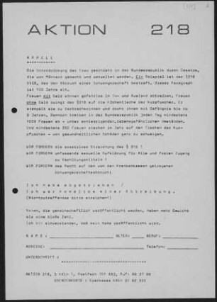 Appell: Die Aktion 218 Köln trug im Frühsommer 1971 dazu bei, Unterschriften von Hunderten mutiger Frauen zusammenzutragen, die eine Abtreibung zugaben
